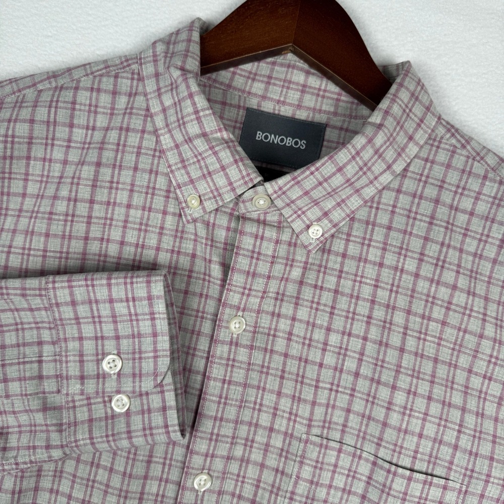 Bonobos Mens Large Long Slim Fit LS Grey Purple Plaid Button Down Shirt‎